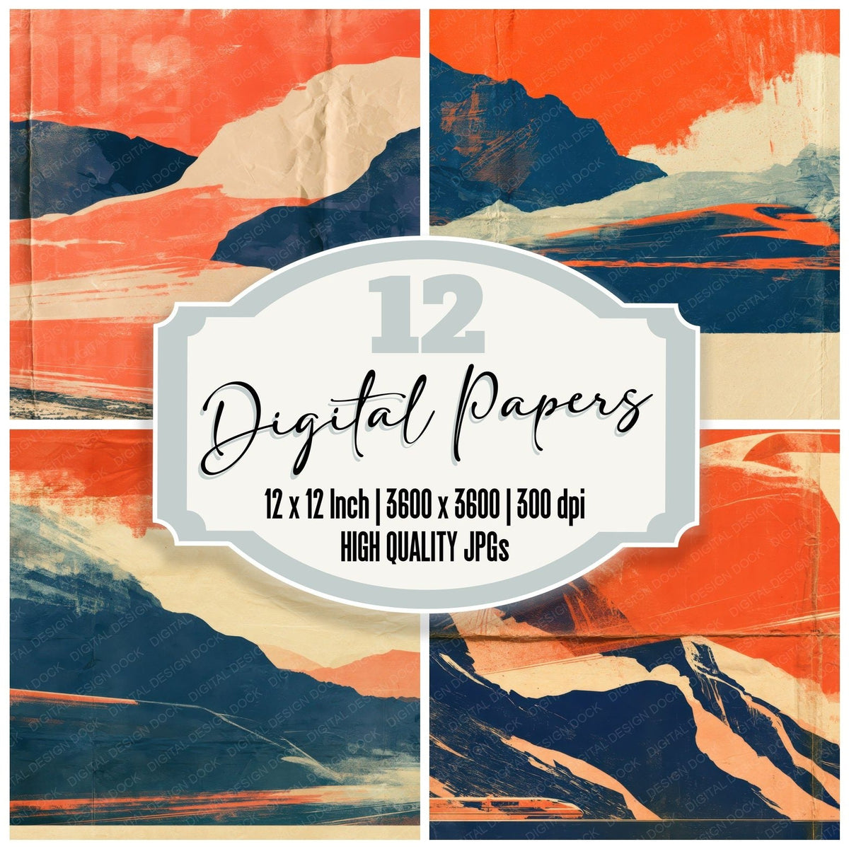 Retro Travel Poster Tangerine Navy digital paper pack cover showing four of the 12 papers