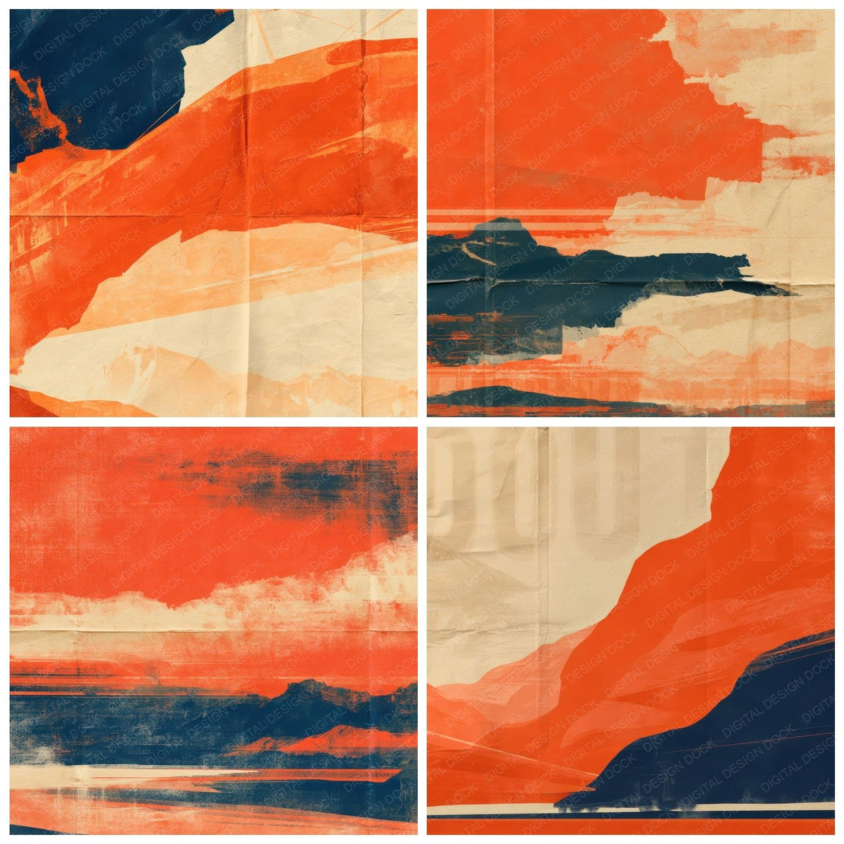Four Retro Travel Poster Tangerine Navy digital papers from the pack shown in a grid