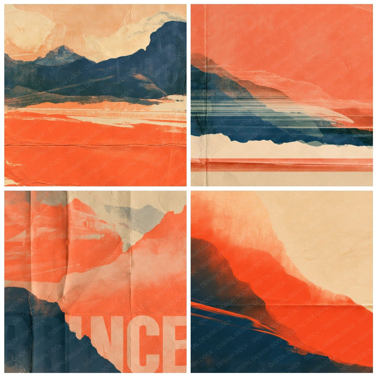 Four more Retro Travel Poster Tangerine Navy digital papers from the pack shown in a grid