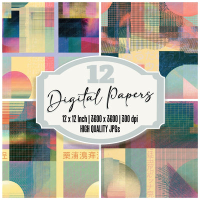 Vaporwave Line Art Sage Rose Abstract Seamless Digital Paper Pack (DDD016804)