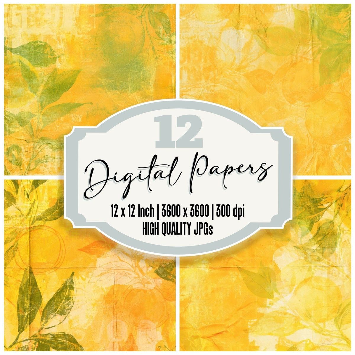 Retro Citrus Crate Marigold Green digital paper pack cover showing four of the 12 papers