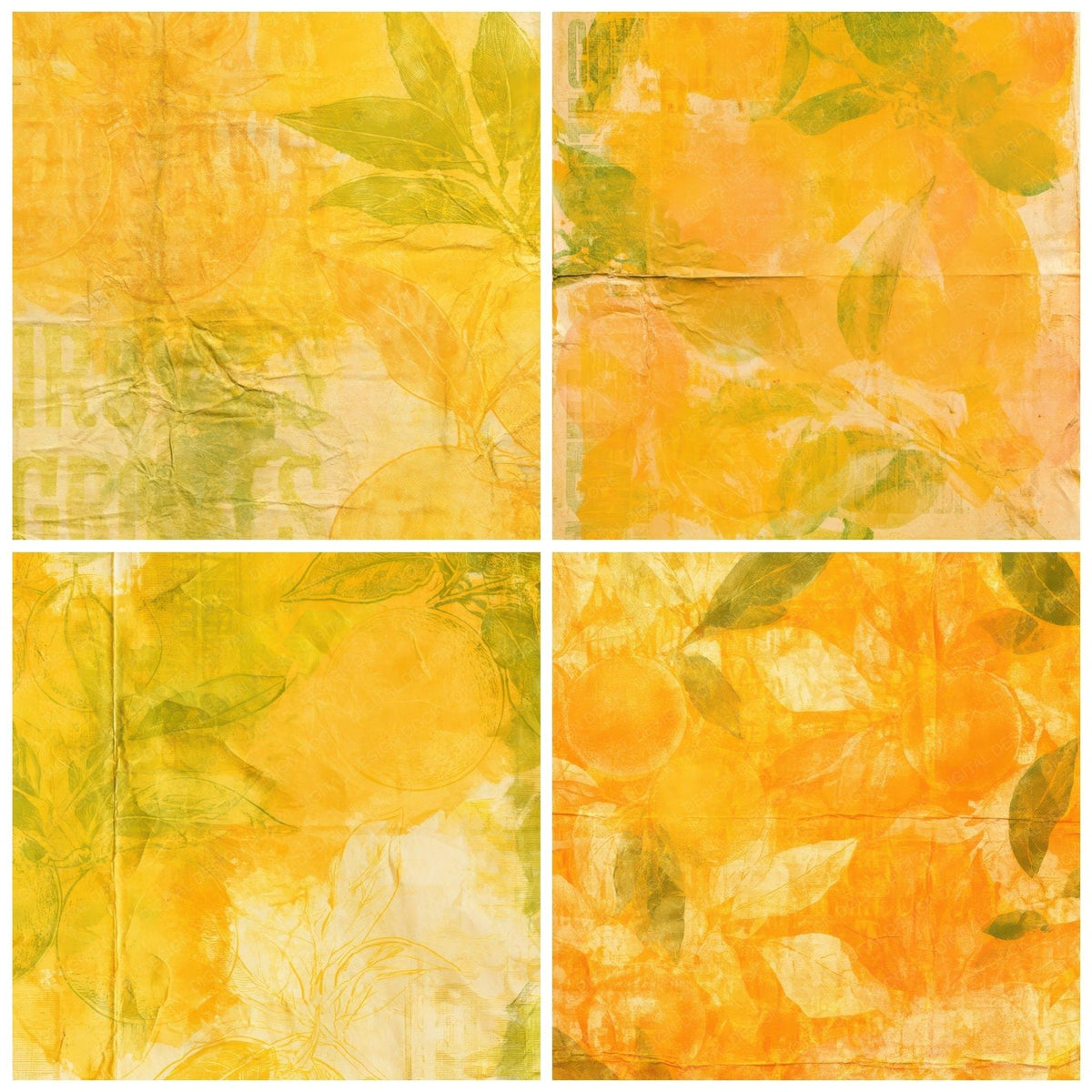 Four more Retro Citrus Crate Marigold Green digital papers from the pack shown in a grid