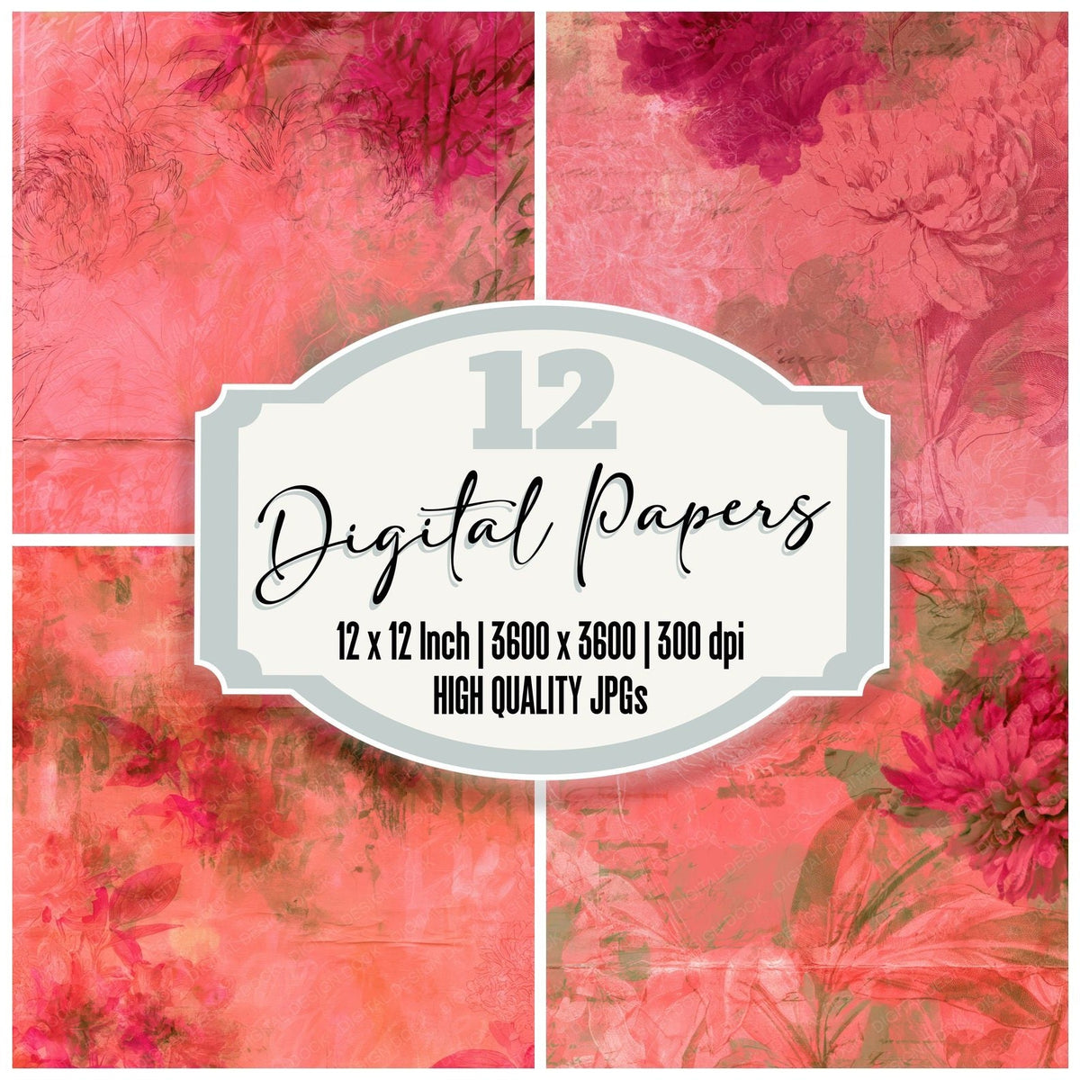 Retro Peony Coral Magenta digital paper pack cover showing four of the 12 papers
