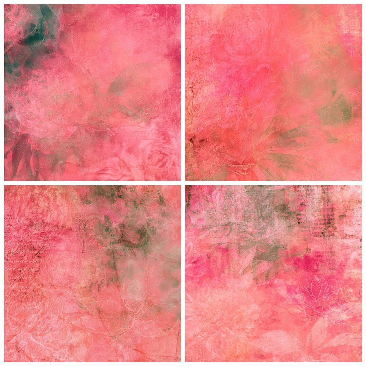 Four more Retro Peony Coral Magenta digital papers from the pack shown in a grid
