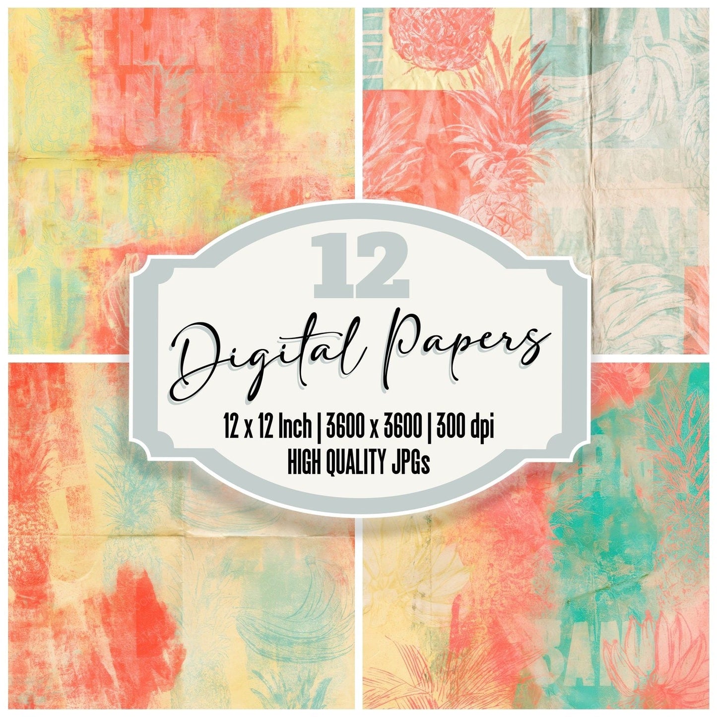 Retro Pineapple Lemon Coral Digital Paper Pack (DDD016815)