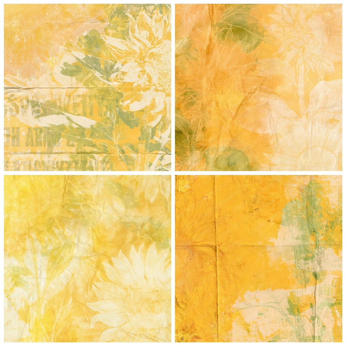Four Retro Sunflower Marigold Green digital papers from the pack shown in a grid