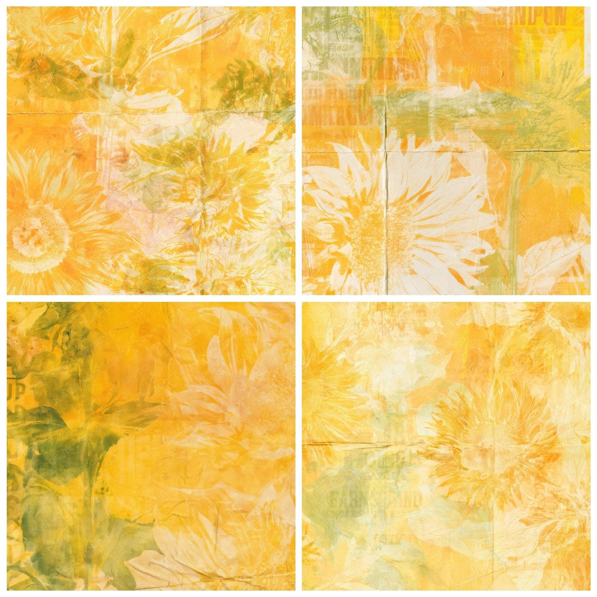 Four more Retro Sunflower Marigold Green digital papers from the pack shown in a grid