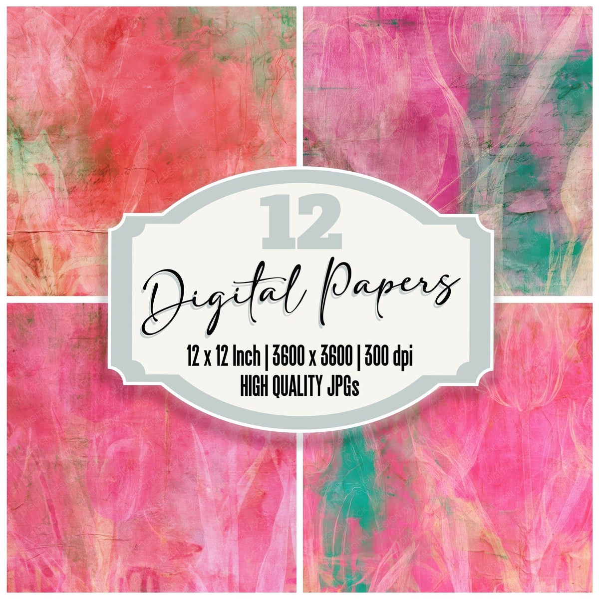 Retro Tulip Fuchsia Emerald digital paper pack cover showing four of the 12 papers