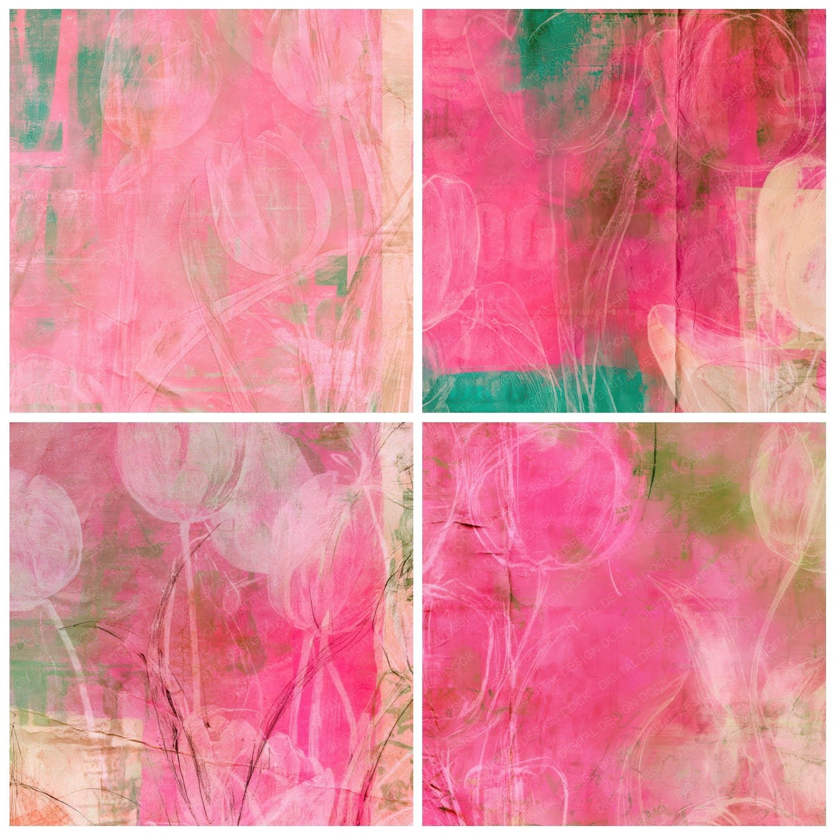 Four Retro Tulip Fuchsia Emerald digital papers from the pack shown in a grid