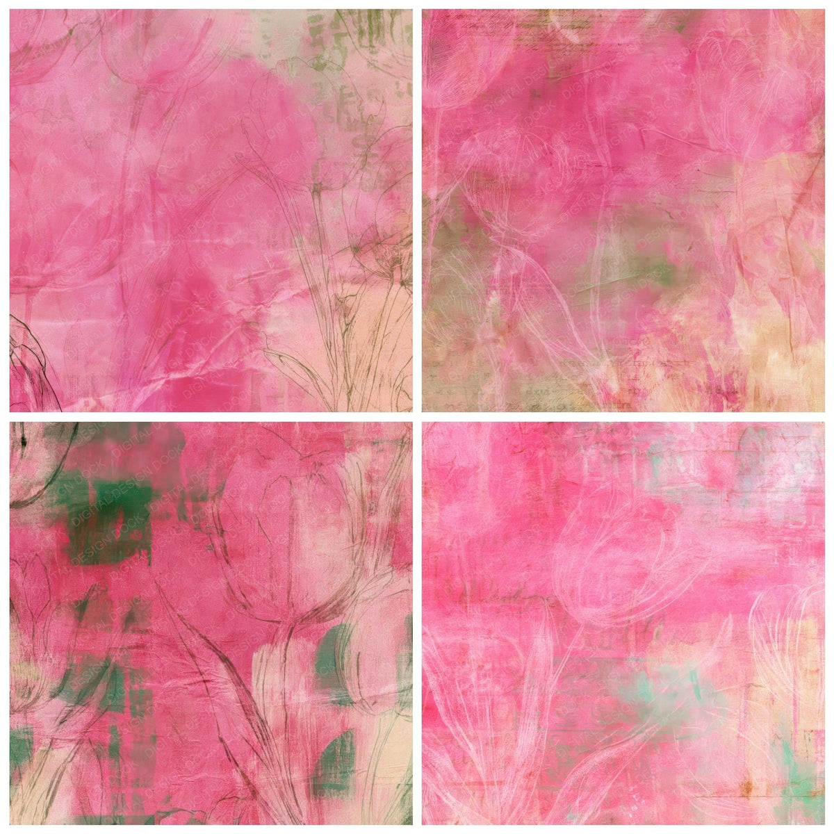 Four more Retro Tulip Fuchsia Emerald digital papers from the pack shown in a grid