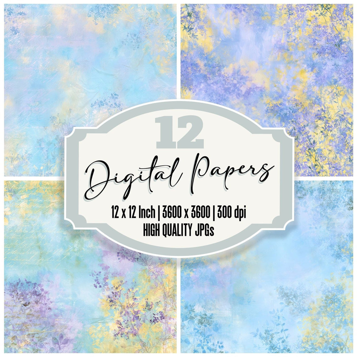Retro Violet Sky Lilac digital paper pack cover showing four of the 12 papers