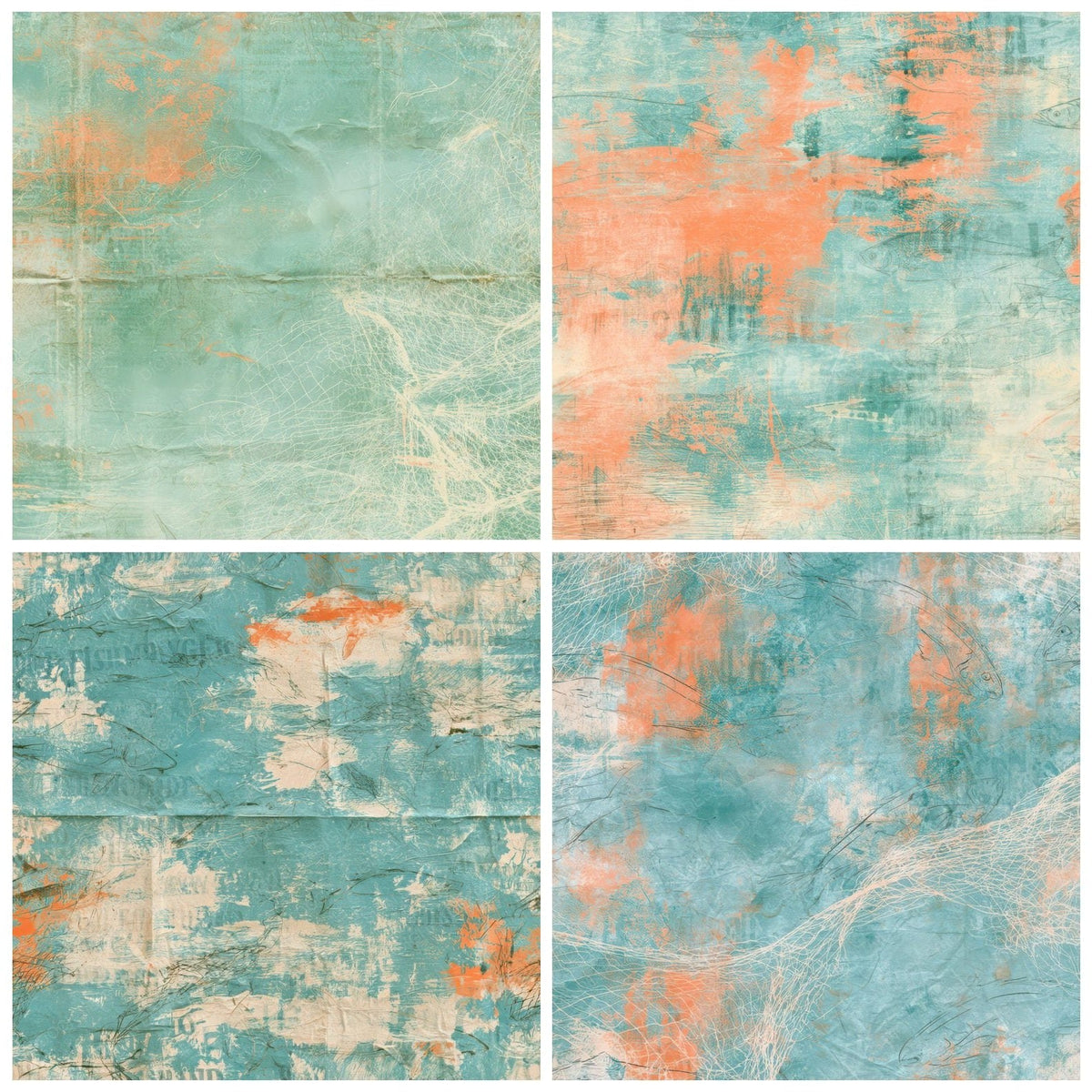 Four Coastal Fish Teal Tangerine digital papers from the pack shown in a grid