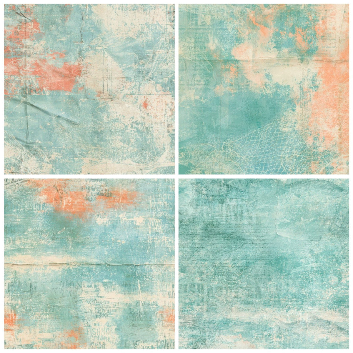 Four more Coastal Fish Teal Tangerine digital papers from the pack shown in a grid