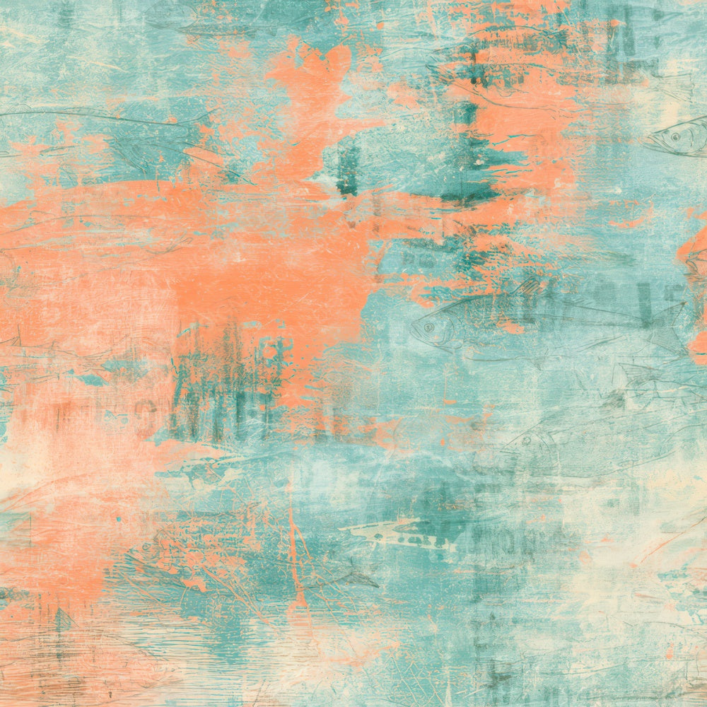 Another Coastal Fish Teal Tangerine digital paper shown full size