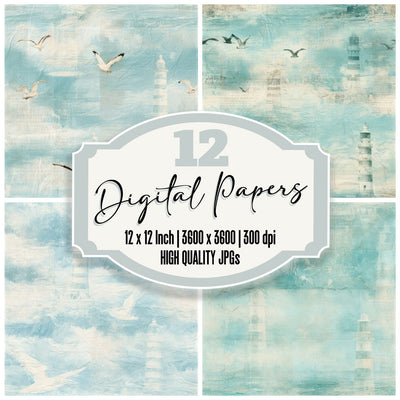 Coastal Lighthouse Sky Teal Seamless digital paper pack cover showing four of the 12 papers
