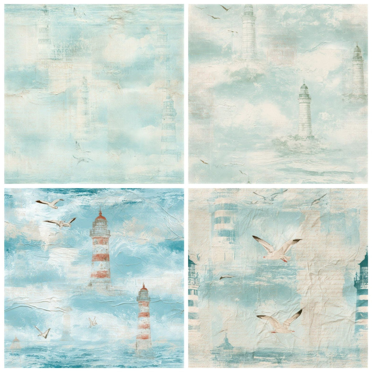 Four Coastal Lighthouse Sky Teal Seamless digital papers from the pack shown in a grid