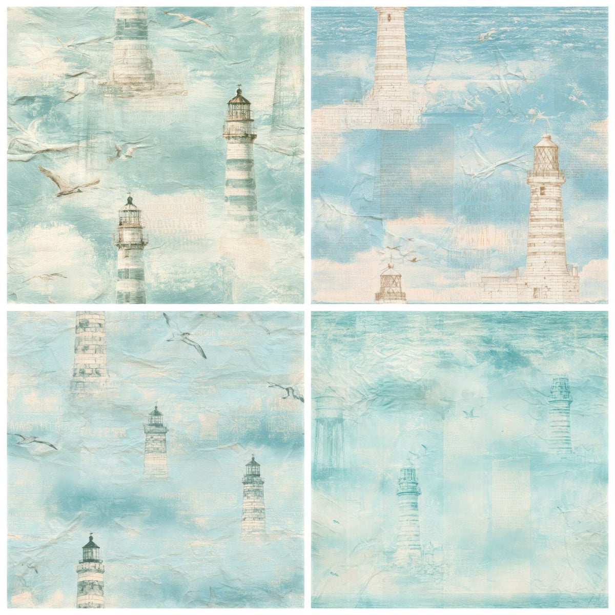 Four more Coastal Lighthouse Sky Teal Seamless digital papers from the pack shown in a grid
