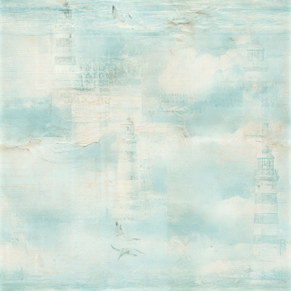 Single Coastal Lighthouse Sky Teal Seamless digital paper shown full size
