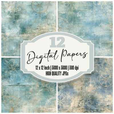 Coastal Ship Wheel Ocean Brass digital paper pack cover showing four of the 12 papers