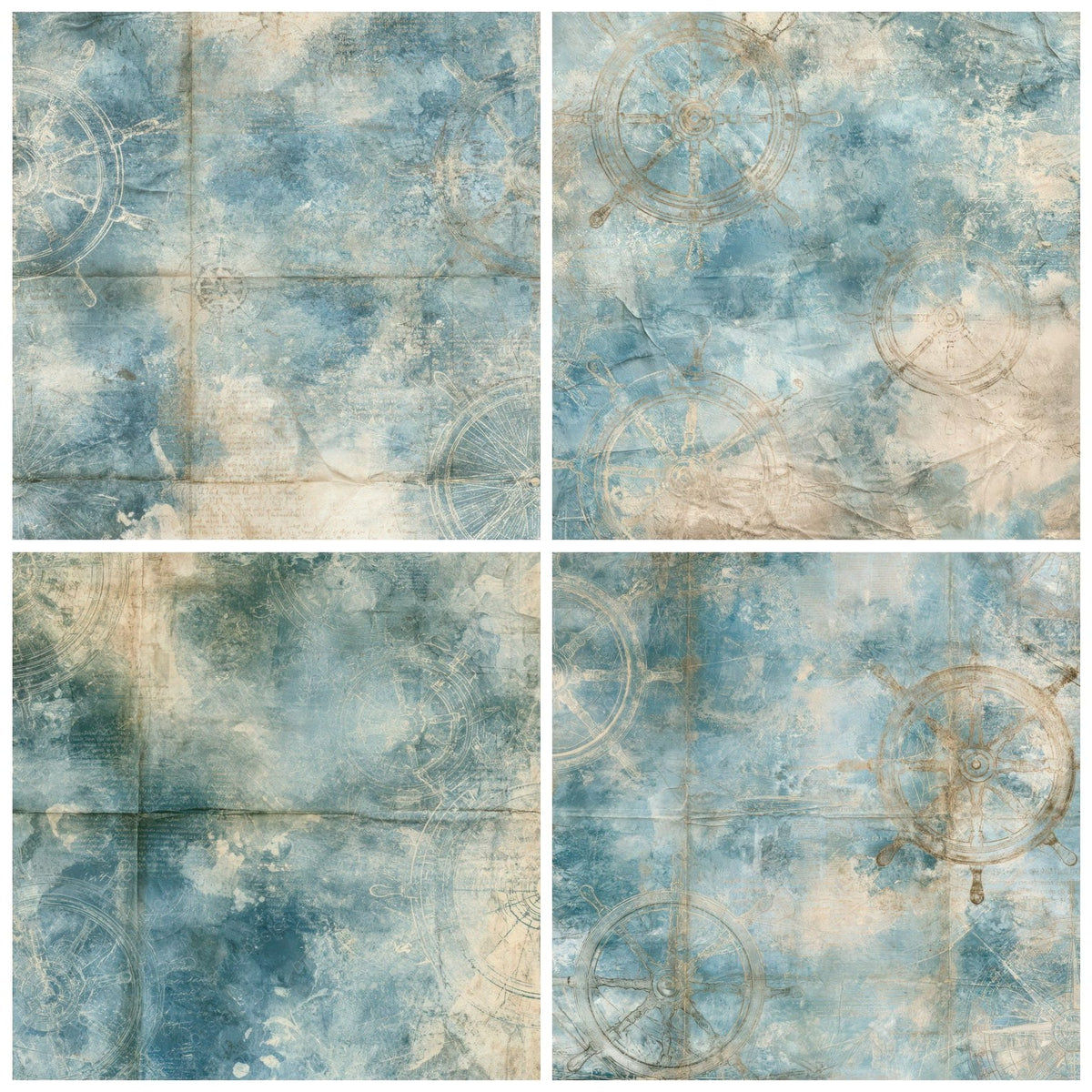 Four Coastal Ship Wheel Ocean Brass digital papers from the pack shown in a grid