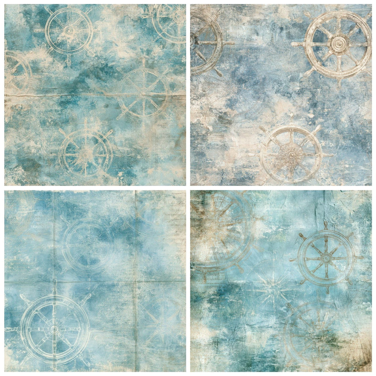 Four more Coastal Ship Wheel Ocean Brass digital papers from the pack shown in a grid