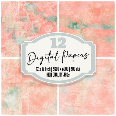 Coastal Starfish Coral Aqua Seamless digital paper pack cover showing four of the 12 papers