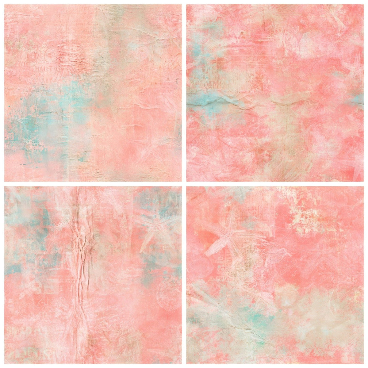 Four Coastal Starfish Coral Aqua Seamless digital papers from the pack shown in a grid