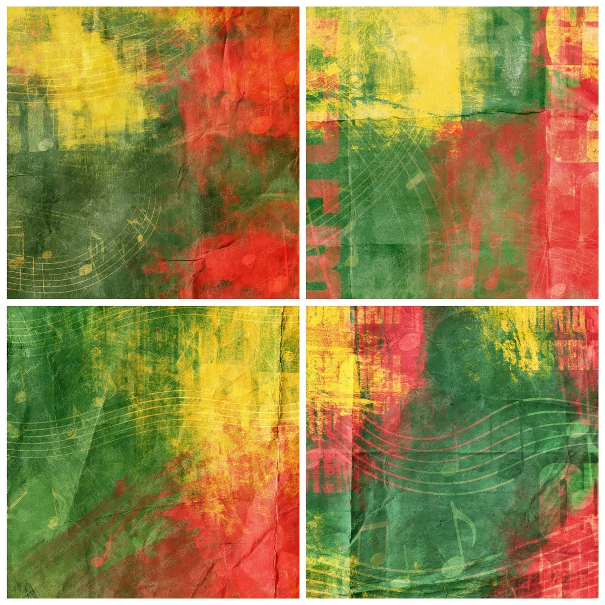 Four Music Reggae Notes Jungle Yellow digital papers from the pack shown in a grid