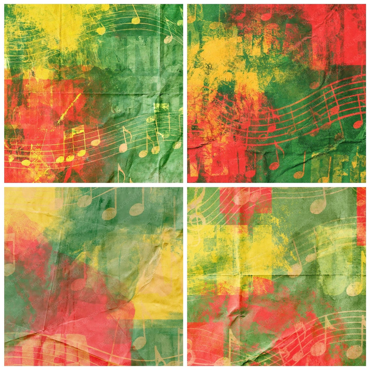 Four more Music Reggae Notes Jungle Yellow digital papers from the pack shown in a grid
