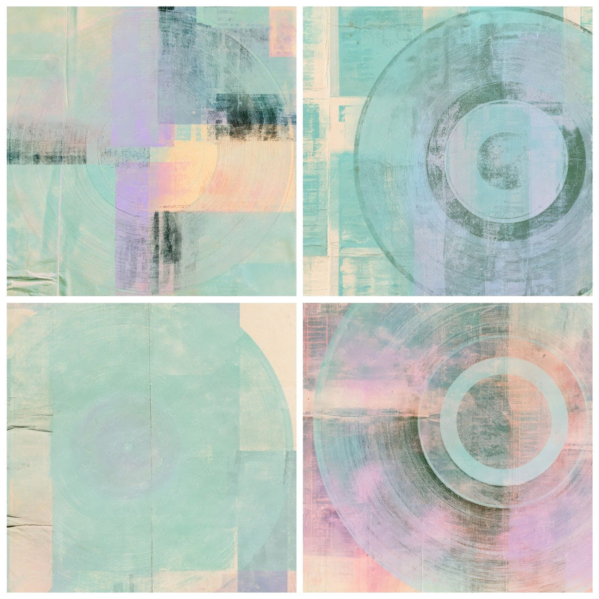 Four more Music Vinyl Mint Lavender digital papers from the pack shown in a grid