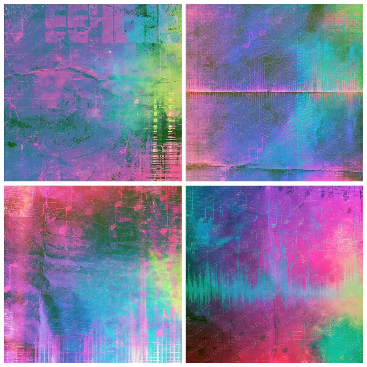 Four Music Electronic Notes Violet Cyan digital papers from the pack shown in a grid