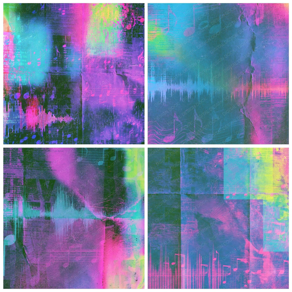 Four more Music Electronic Notes Violet Cyan digital papers from the pack shown in a grid
