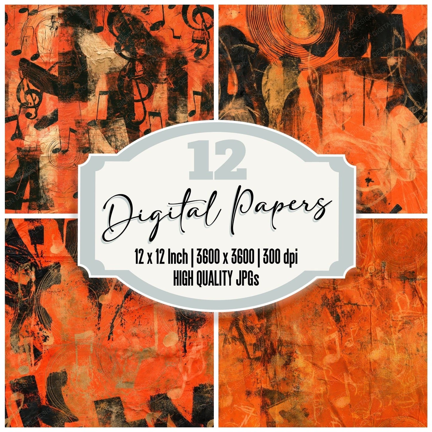 Music Hip Hop Notes Orange Gold Seamless Digital Paper Pack (DDD016848)