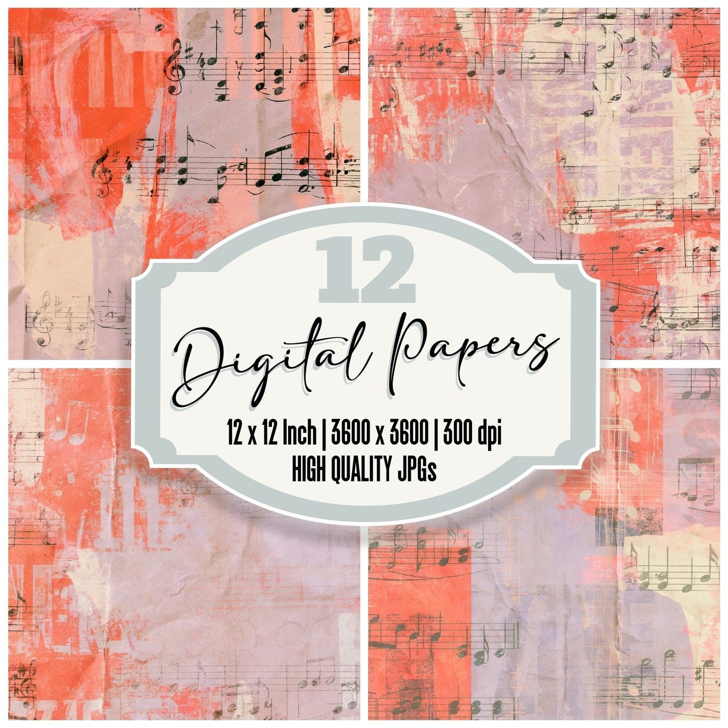 Music Indie Notes Lavender Coral Digital Paper Pack (DDD016849)