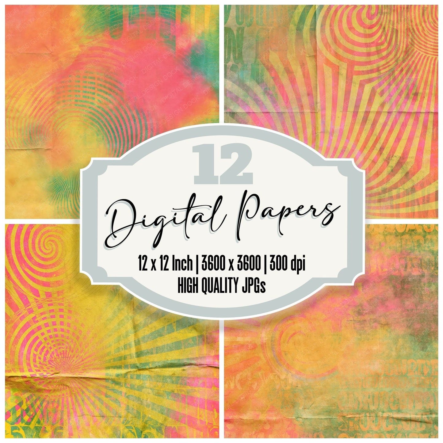 Rainbow Psychedelic Mustard Pink Digital Paper Pack (DDD016854)