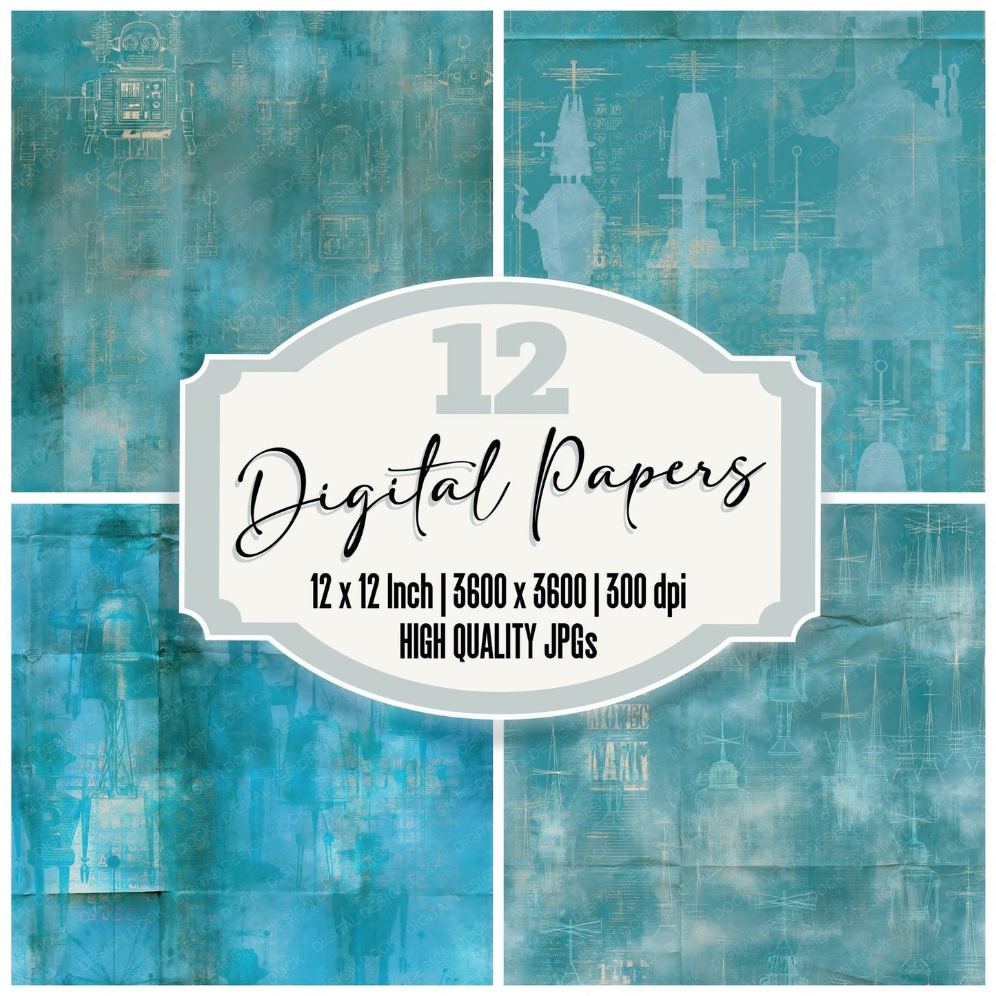 Sci Fi Robot Steel Turquoise Seamless Digital Paper Pack (DDD016861)