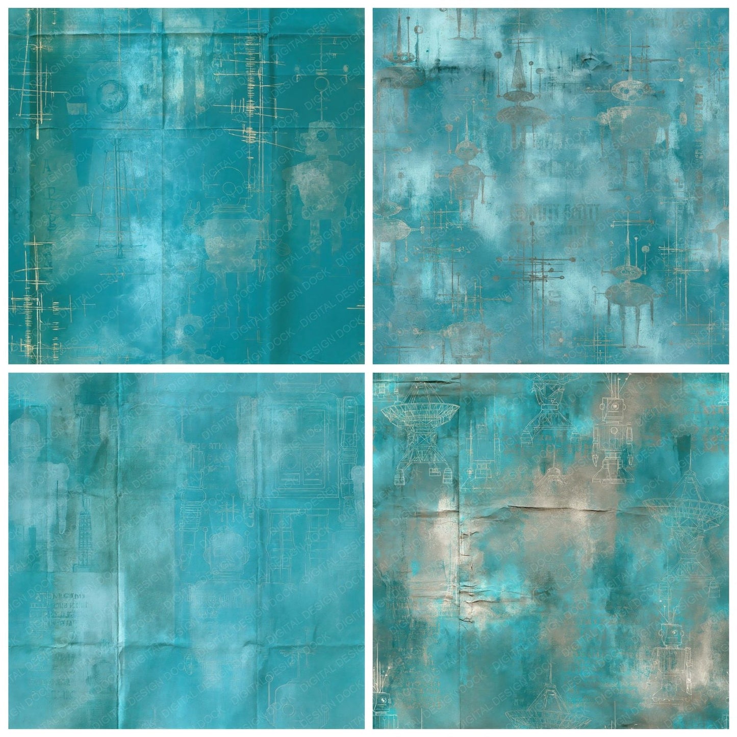 Sci Fi Robot Steel Turquoise Seamless Digital Paper Pack (DDD016861)