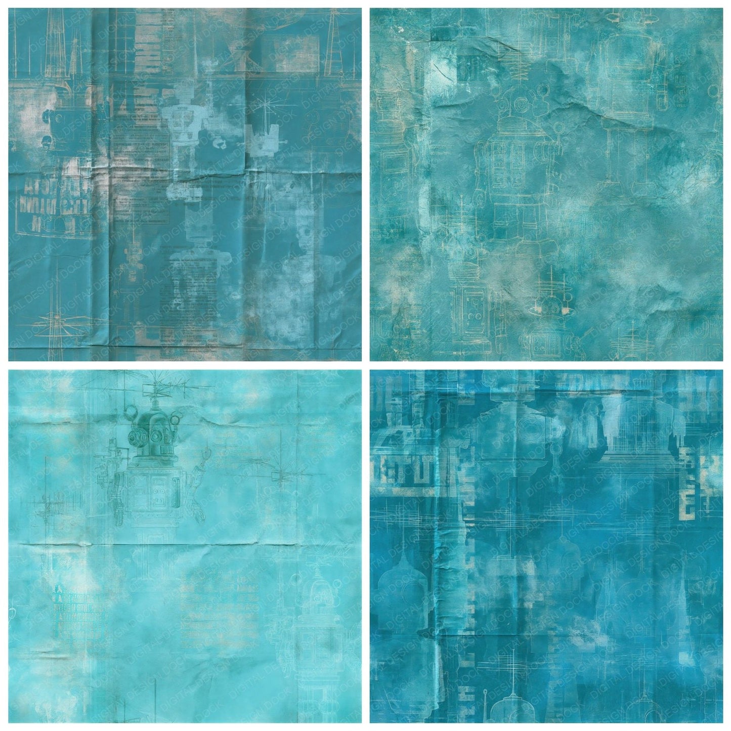 Sci Fi Robot Steel Turquoise Seamless Digital Paper Pack (DDD016861)