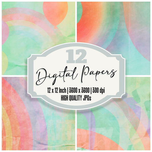 Rainbow Balloon Mint Lilac digital paper pack cover showing four of the 12 papers