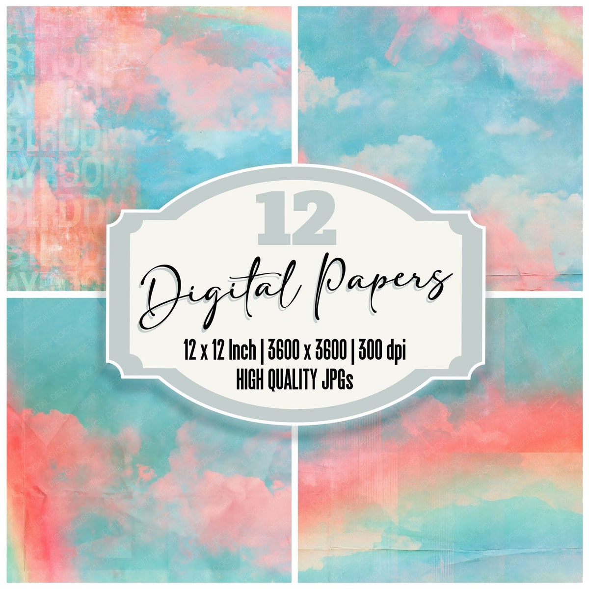 Rainbow Diamond Sky Coral digital paper pack cover showing four of the 12 papers
