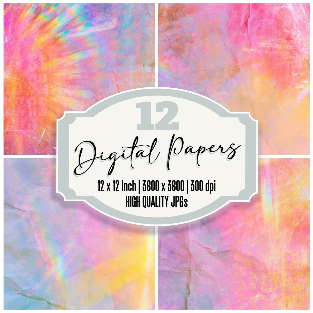 Rainbow Prism Lavender Rose digital paper pack cover showing four of the 12 papers