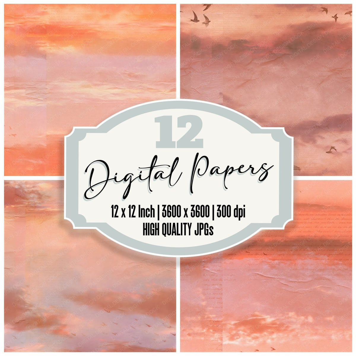Sky Sunset Peach Coral Seamless digital paper pack cover showing four of the 12 papers