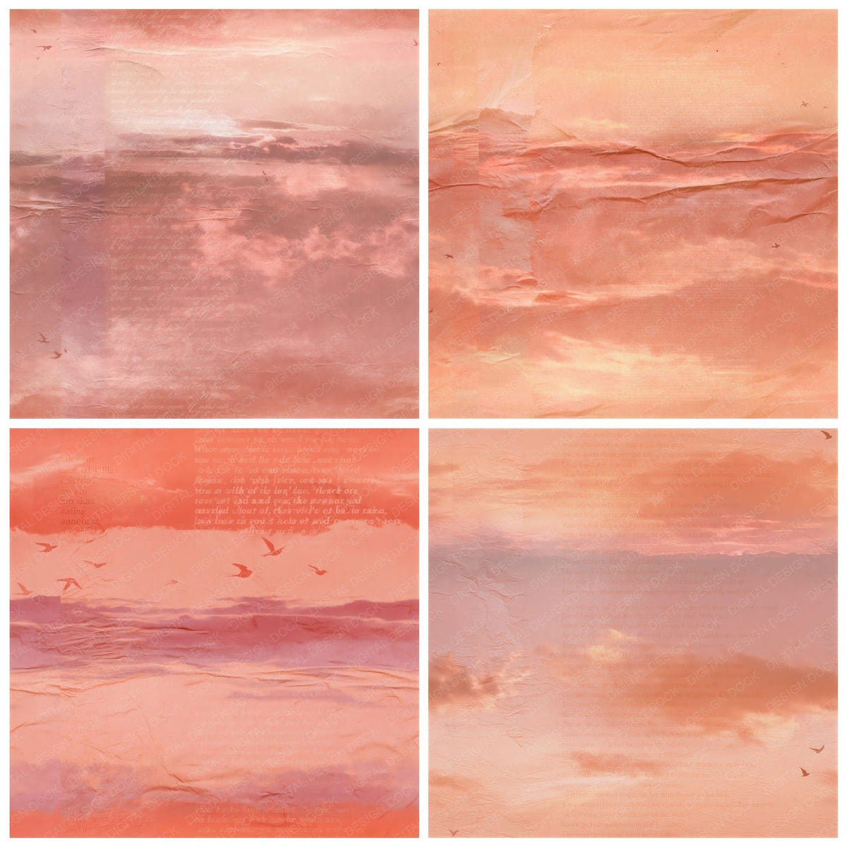 Four Sky Sunset Peach Coral Seamless digital papers from the pack shown in a grid