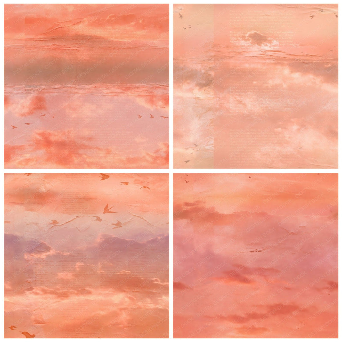 Four more Sky Sunset Peach Coral Seamless digital papers from the pack shown in a grid