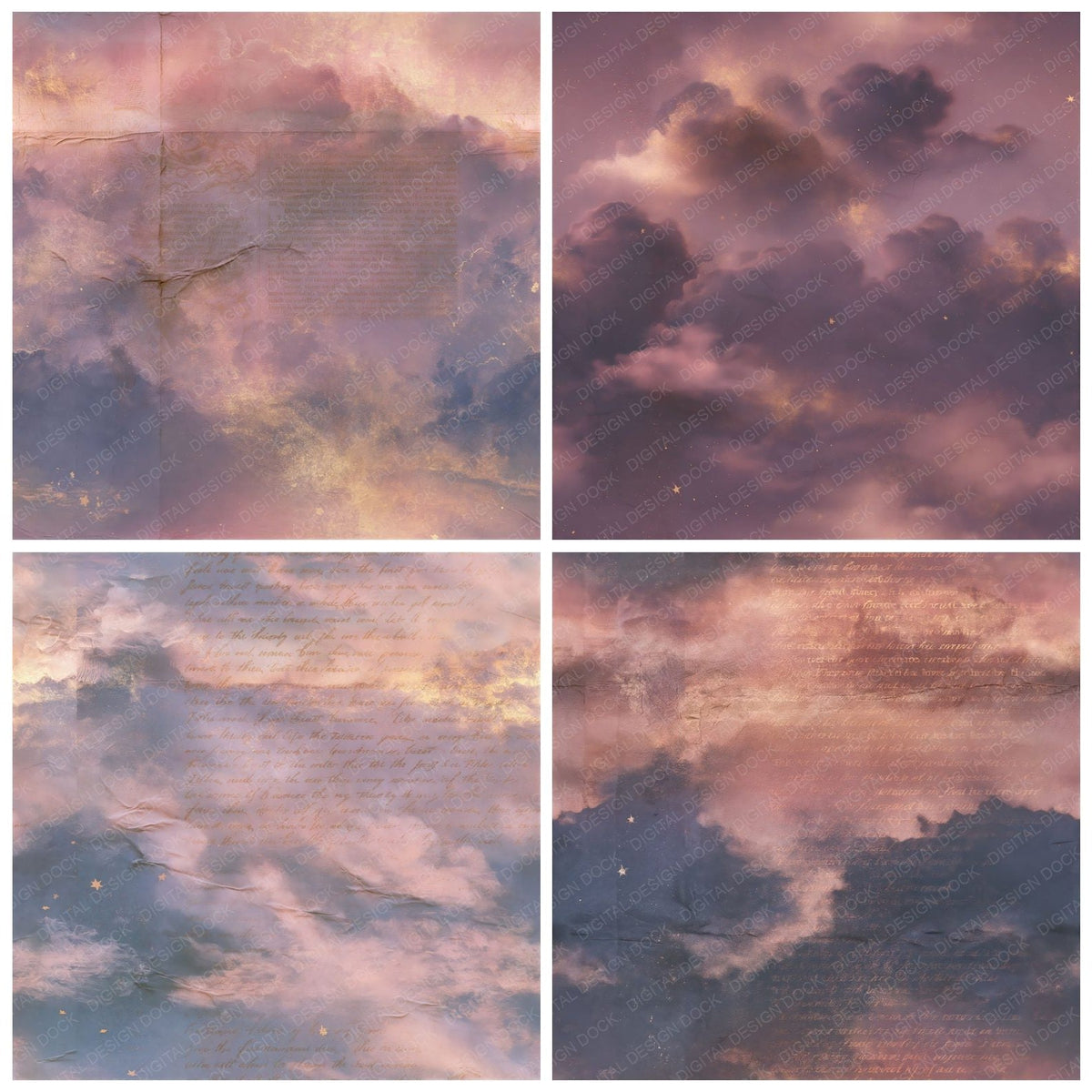 Four Sky Twilight Violet Gold Seamless digital papers from the pack shown in a grid