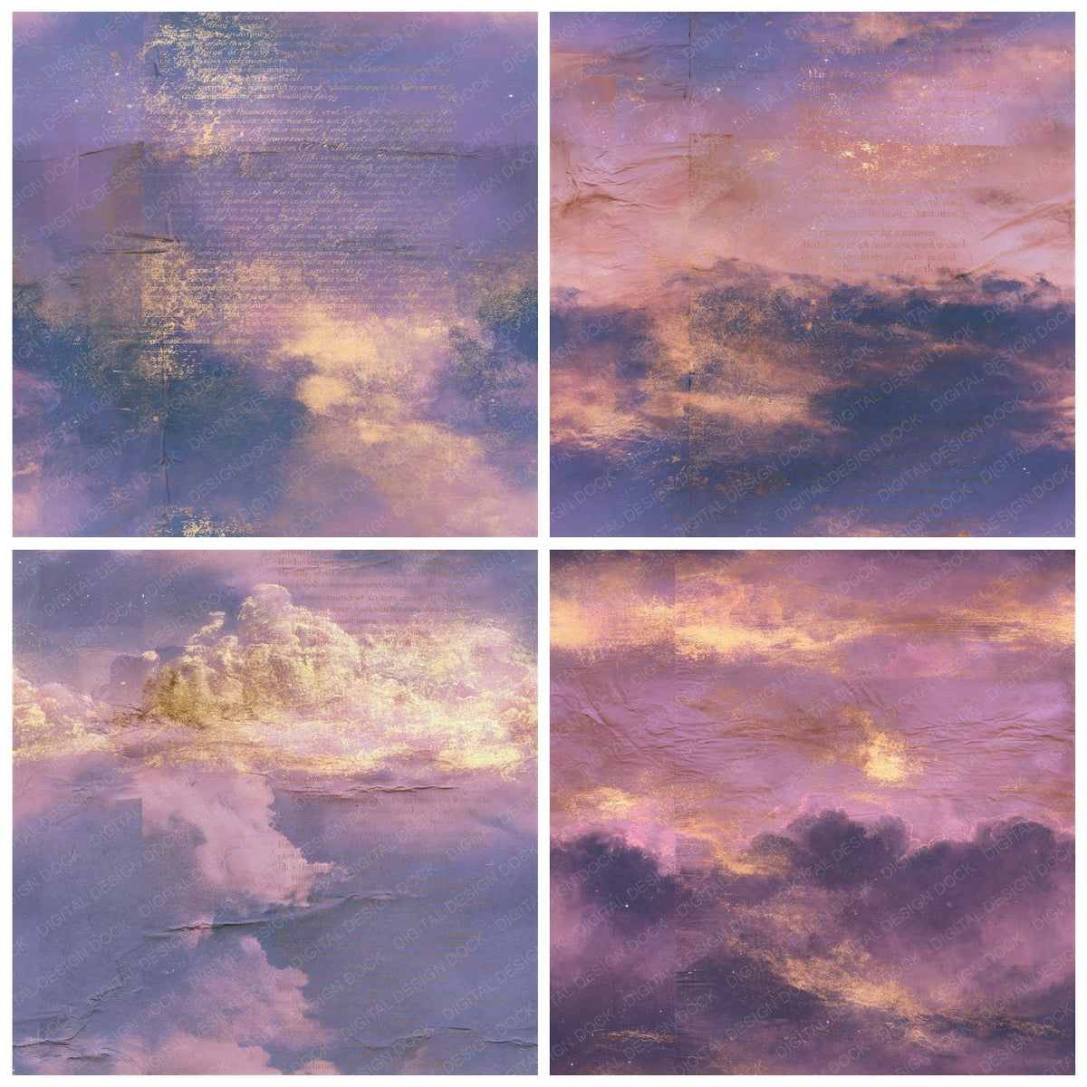 Four more Sky Twilight Violet Gold Seamless digital papers from the pack shown in a grid