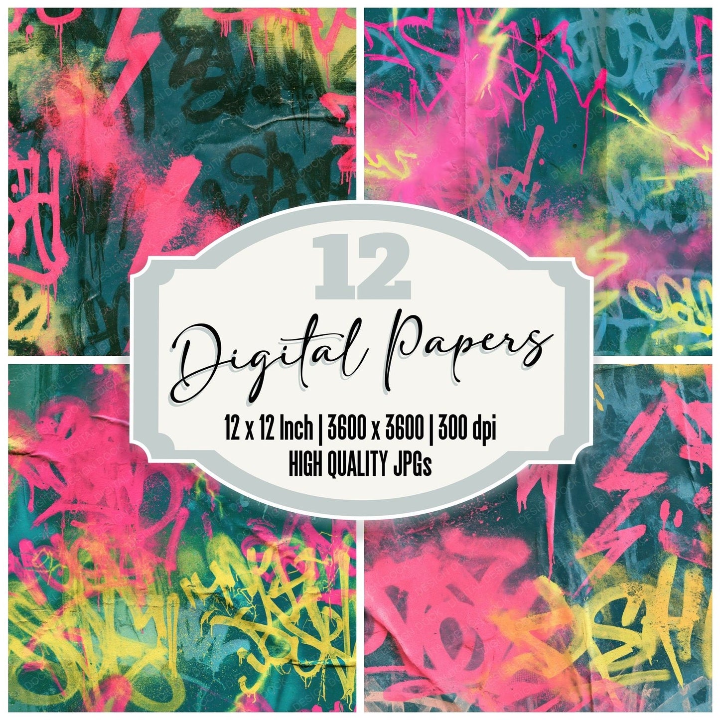 80s Graffiti Teal Pink Digital Paper Pack (DDD016888)