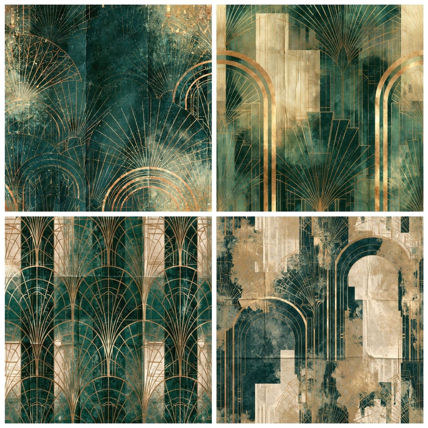 Art Deco Fan Emerald Gold Digital Paper Pack (DDD016893)