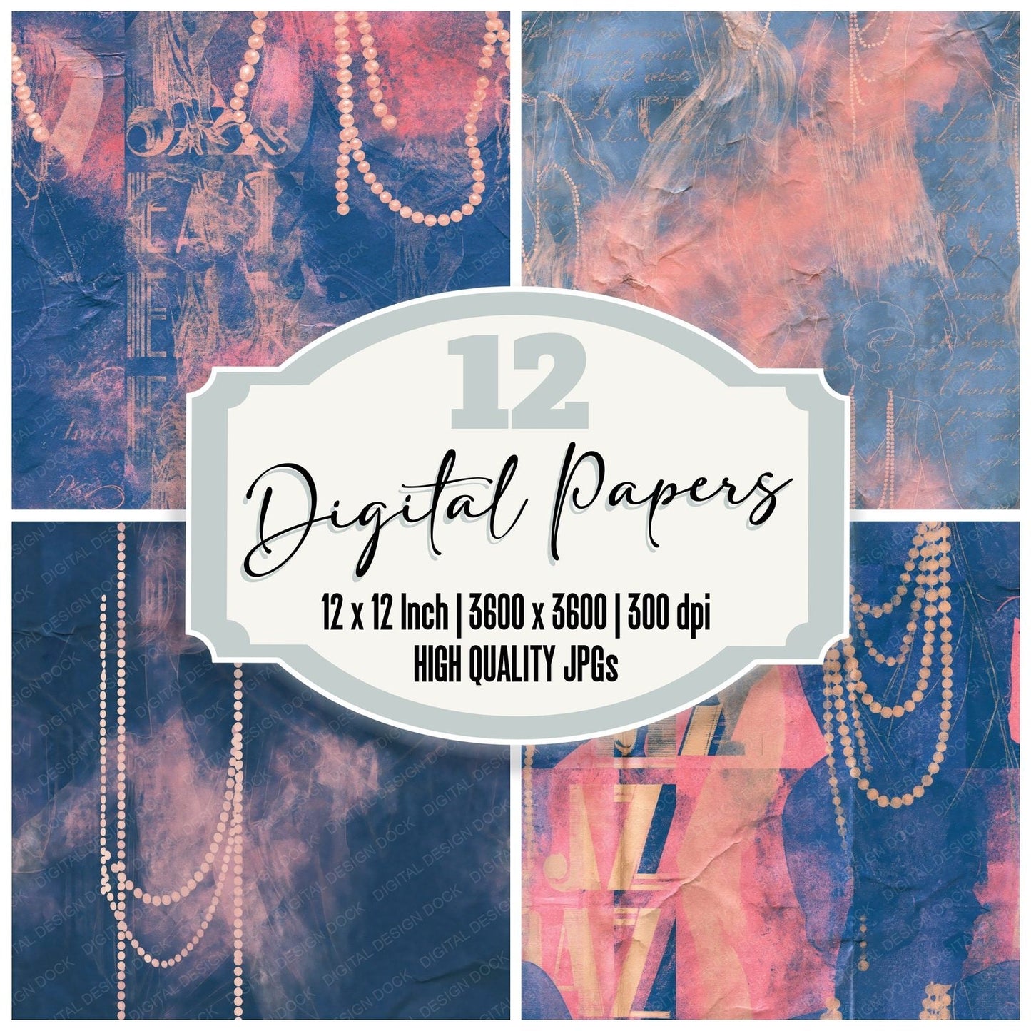 Art Deco Flapper Sapphire Rose Seamless Digital Paper Pack (DDD016894)