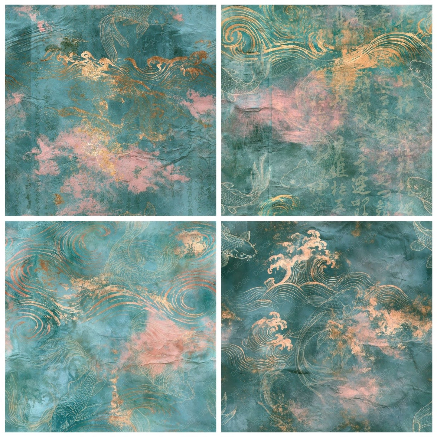 Japan Koi Teal Cherry Seamless Digital Paper Pack (DDD016902)